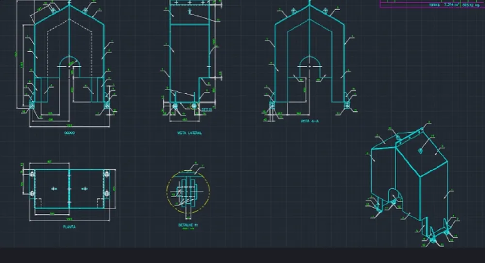 Detalhamento técnico 2D de proteção de acoplamento de alta rotação, com vistas, cortes e cotas.